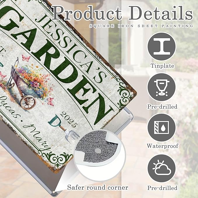 Custom Garden Signs Personalized Metal Tin Sign for Women, Retro Funny Welcome Metal Sign for Outdoor, Patio, Yard Rustic Home Decor Gifts for Mothers Day, Grandmas, and Gardening Lovers