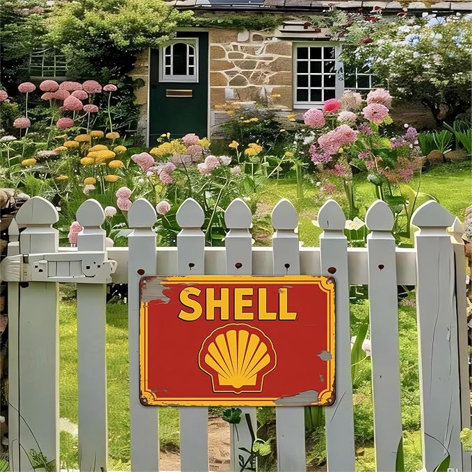 Shell Gas Station tin sign Vintage Fuel and Gasoline Metal Sign Print Aesthetic for Garden Yard Bar Porch Home Bedroom Kitchen Wall Decor Gift 8 x 12 in