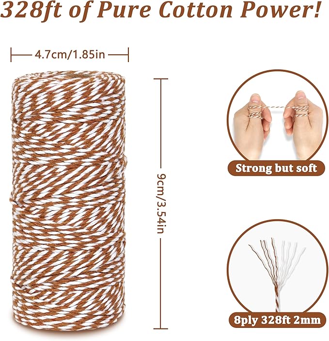 Cotton Twine String, 328 Feet Light Brown & White - Christmas Twine for Gift Wrapping, Crafts, Baking, Butchers, Holiday Decorations, DIY, Kitchen & Gardening