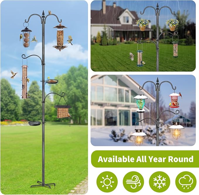 Bird Feeding Station, 88In Bird Feeder Pole Stand 4 Hook Heavy Duty Hummingbird Feeder Hanger Shepherds Hook for Outdoor, with Birds Bath and Mesh Tray, Black 1 Pack