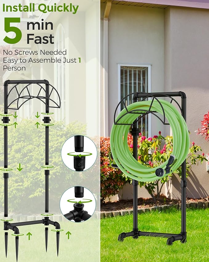 LAND·VOI Hose Holder, Garden Hose Storage Freestanding, Metal Heavy Duty Water Hose Holder Holds 150 Feet Hose, Detachable Hose Storage Hanger for Outside with 4 Spikes, for Lawn Yard, Black GHH02B