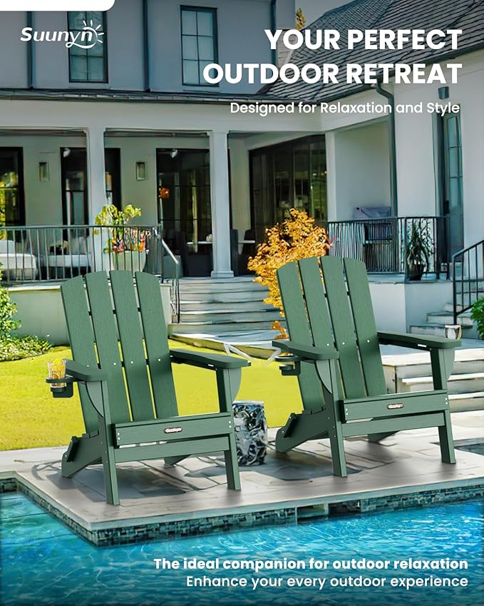 Folding Adirondack Chair 4 Pack, HDPE All-Weather Fire Pit Chairs, Plastic Adirondack Chairs with 2 Cup Holder, Outdoor Lawn Chair for Patio Garden (Green)