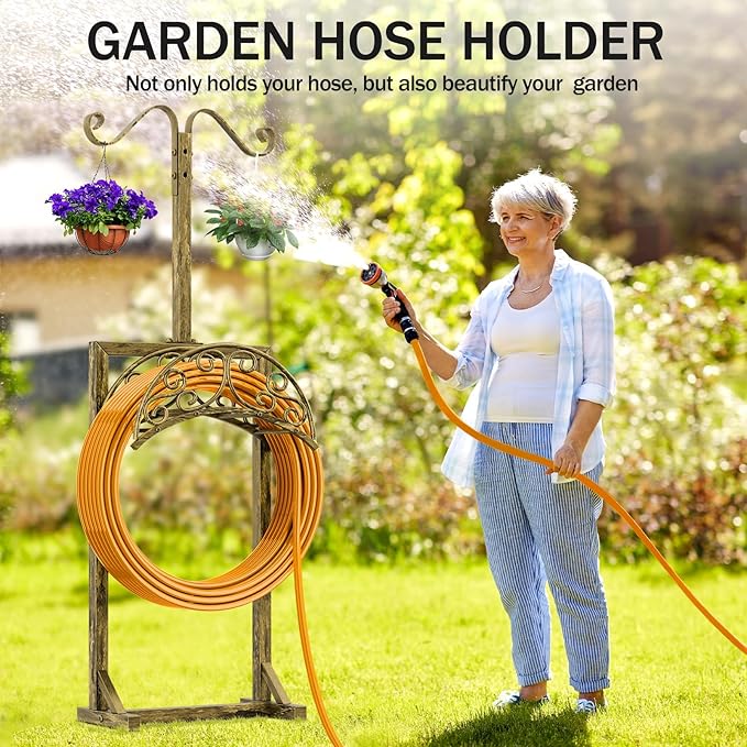Garden Hose Holder - Upgraded Water Hose Holders for Outside with 5 Spikes & 2 Shepherds Hooks, Freestanding Hose Stand Hose Hanger Hose Storage Hose Reel Rack for Yard Lawn(Antique Golden)