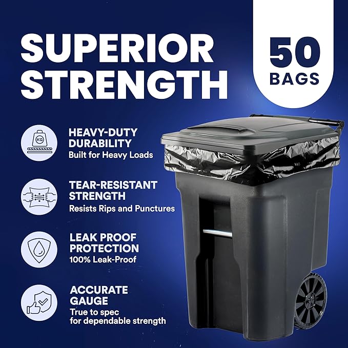 Plasticplace 95-96 Gallon Heavy Duty Trash Bags, Garbage Bags, Puncture-Resistant, Fits Rollaway Cans & Drums, Durable Large Plastic Bags (50 Count)