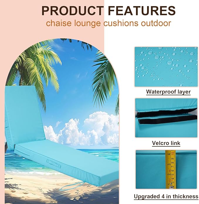 Outdoor Chaise Lounge Cushions, 4 Inch Thick Waterproof Fade Resistant Patio Furniture Lounger Chair Cushion Pad for Pool(1, Lake Blue, 72'' L x 21'' W x 4" T)