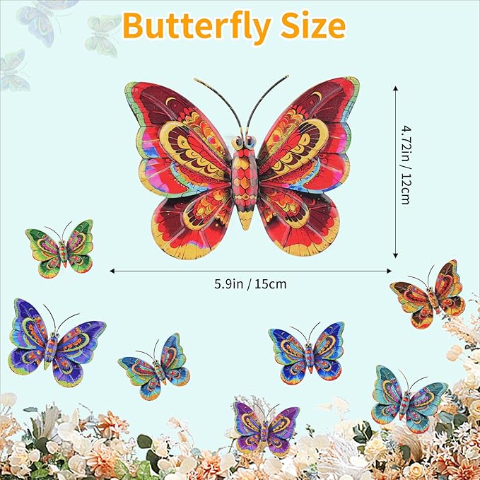 Junware 8 Pieces Metal Butterfly Wall Art Decor - 5.9" Outdoor Fence Wall Sculpture Decor, Hanging Decoration for Garden Yard Living Room Bedroom Patio Balcony, Nice Gift for Mom Friend
