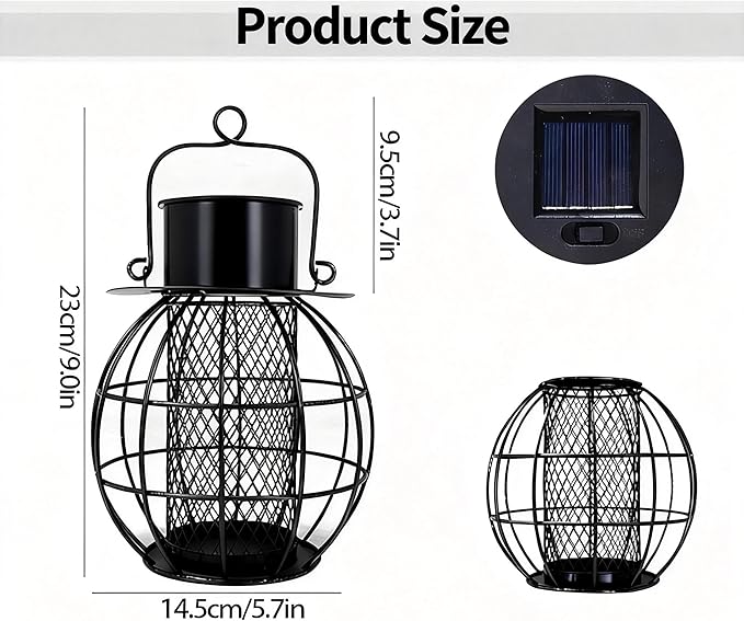 Solar Bird Feeder for Outdoors- Heavy Duty Metal Bird Feeder Squirrel Proof with Lights,Chew-Proof,Outdoor Solar Lantern Feeder for Small Birds, Unique Gifts for Mom, Grandma (Black)