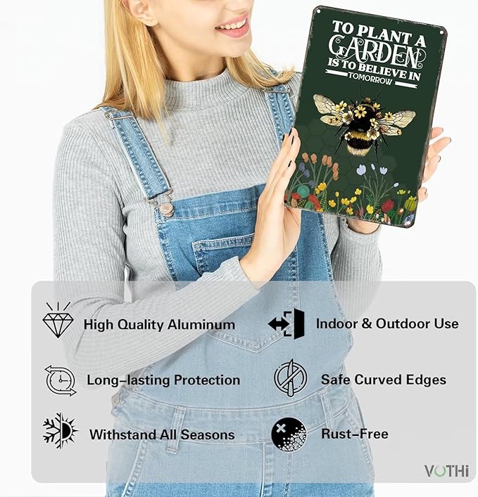 Cute Signs To Plant A Garden Is To Believe In The Bees;Bee Garden Decor for Outside;Patio Signs And Decor Outdoor; Farmhouse Home Kitchen Gardening Wall Decor 8x12 In