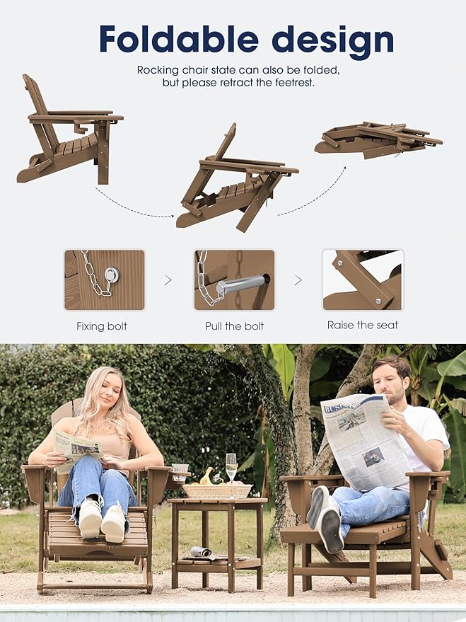 KINGYES Adirondack Rocking Chair Set of 4 with Retractable Ottoman and Cup Holders, HDPE Adirondack Rocker Patio Rocking Chair for Porch, Patio, Balcony, Brown