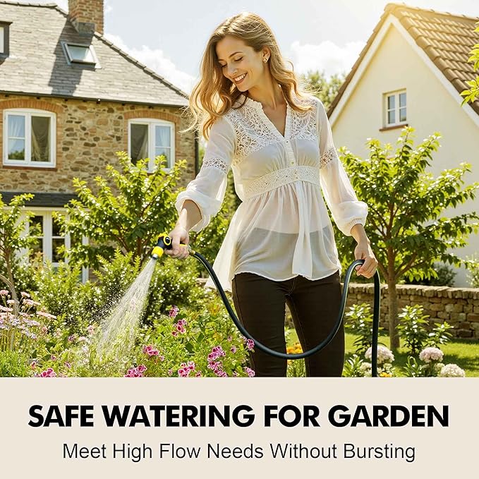Lightweight Rubber Garden Hose 25 ft, 5/8" Hybrid Rubber Hose with Solid Brass Fitting, Water Hose Pipe for Outdoor, Cleaning & Washing