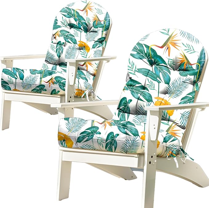 2 Pack Adirondack Chair Cushion Waterproof Indoor Outdoor Rocking Chair Cushion 44 Inches Patio High Back Chair Cushions Thickened Adirondack Rocking Chair Cushions with Ties, Yellow-Green Leaf