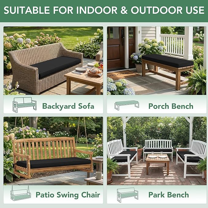 Outdoor Bench Cushion: Waterproof and Fade Resistant Patio Furniture Cushions - Non-Slip Bench Pad Cushion with Removable Cover for Garden Swing Porch Sofa Settee, 45 x 18 Inch, Black