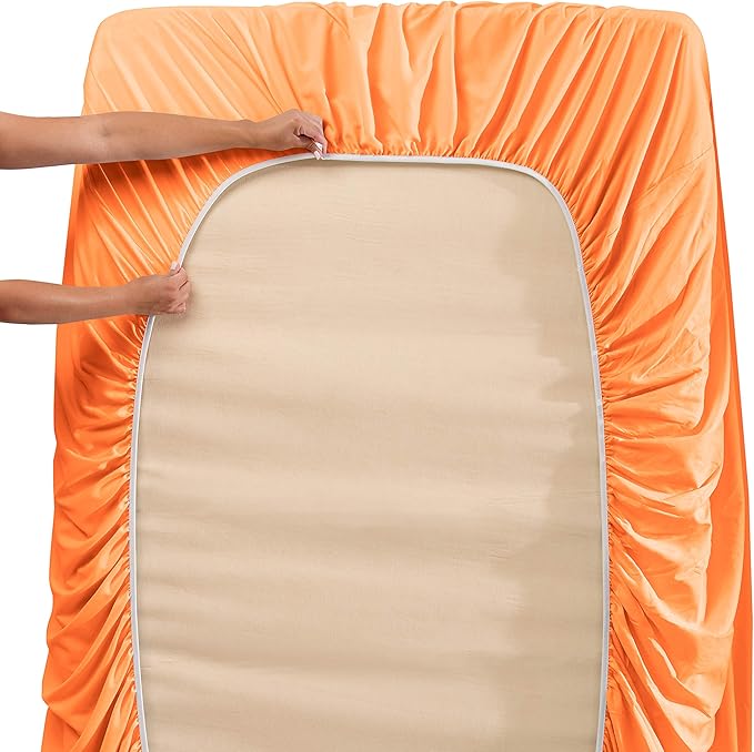 Clara Clark Fitted Sheet, Extra Deep Pocket Fits Deep Mattress, Luxury Soft Fitted Sheet Only, Twin - Extra Deep Apricot Orange