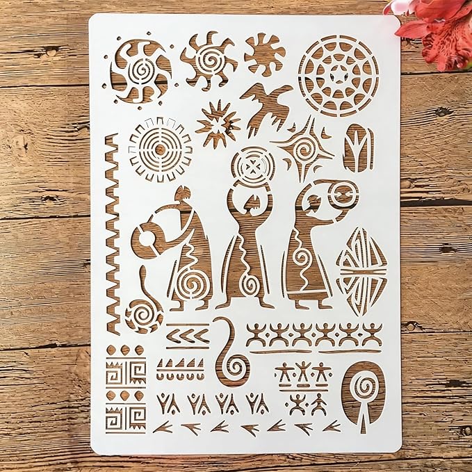 TIAMECH A4 Reusable Ancient Man Stencil for Painting - Tribe Totem Snake Bird Sun Layering Template, DIY Wall Art, Wood Furniture, Scrapbook & Crafts (8.3x11.7inch)