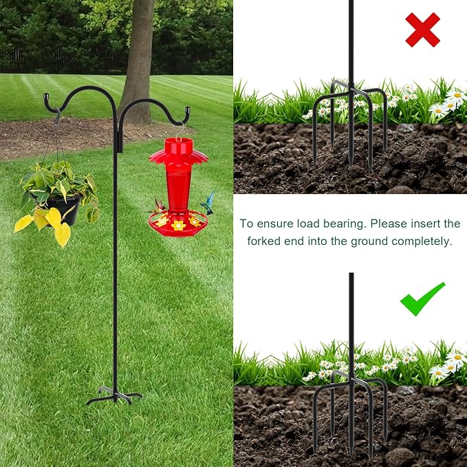 Gtongoko Double Shepherds Hook for Outdoor, 60 Inch Bird Feeder Pole with 5 Prongs Base, 5/8 Inch Thick Heavy Duty Adjustable Garden Hook for Hanging Plant, Lantern, Hummingbird Feeder, 1 Pack