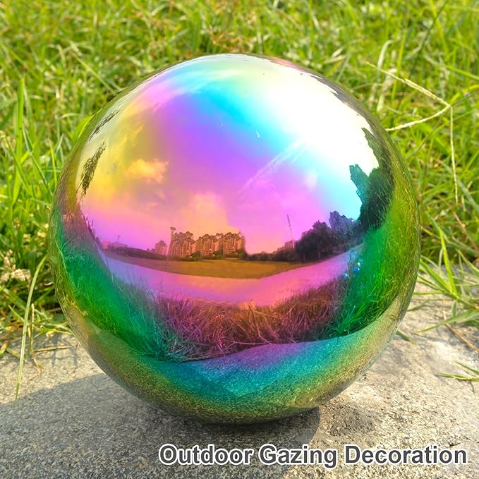 Nerien 6 Inch Gazing Ball, Stainless Steel Garden Mirror Globe, Polished Ornament Sphere, Hollow Floating Reflective Hemisphere, Home Outdoor Pond Housewarming Swimming Pool Decoration Gift, Rainbow