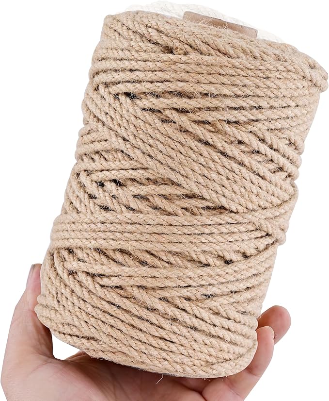 Natural Jute Twine 656ft 4mm,3Ply Twisted Thick Twine Rope Strong Jute String Roll for Crafts Gift Wrapping Gardening Home Decor Bundling Cat Scratching Post