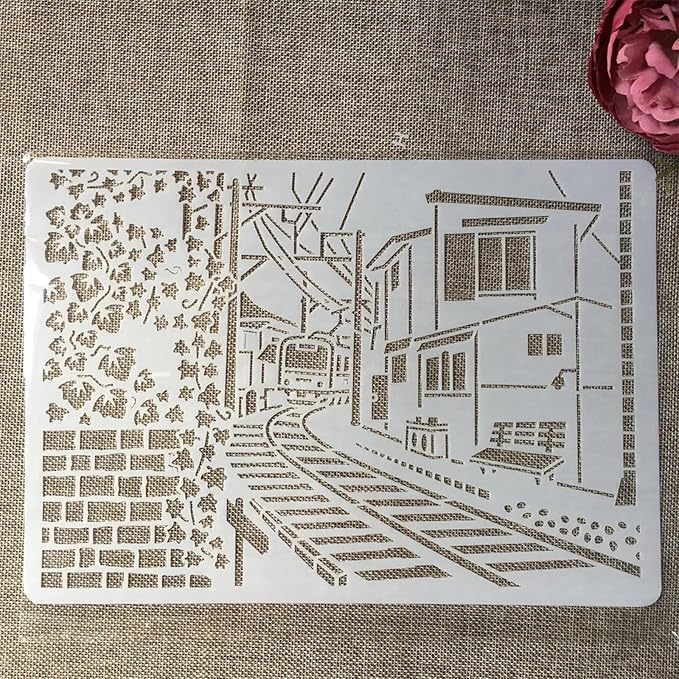 TIAMECH A4 Reusable Railway Train Stencil for Painting - Town House Layering Template, DIY Wall Art, Wood Furniture, Scrapbook & Crafts (8.3x11.7inch)