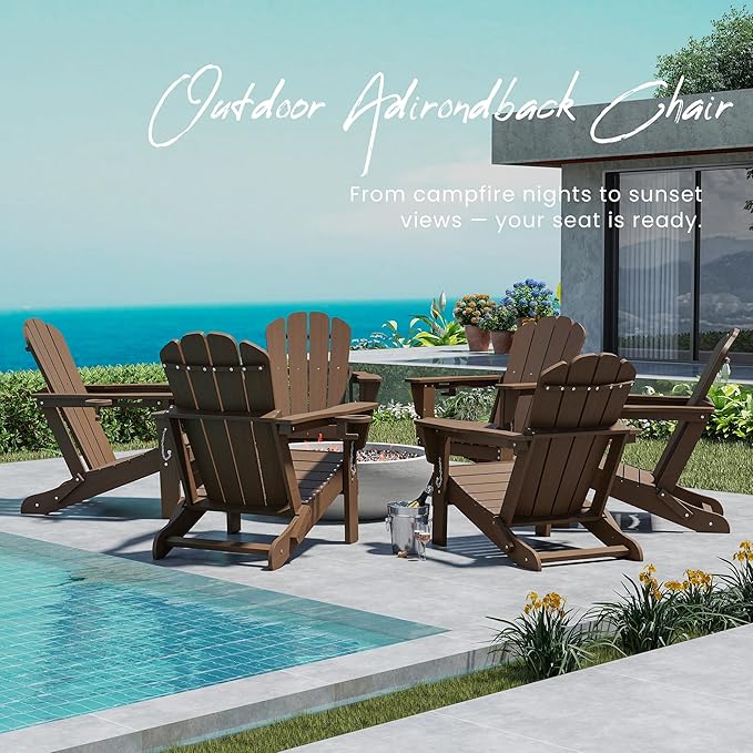 Domi Folding Adirondack Chairs Set of 8, HDPE All-Weather Outdoor Chairs with Cup Holder, Wooden Textured Fire Pit Chairs for Backyard, Patio, Poolside & Deck,Khaki