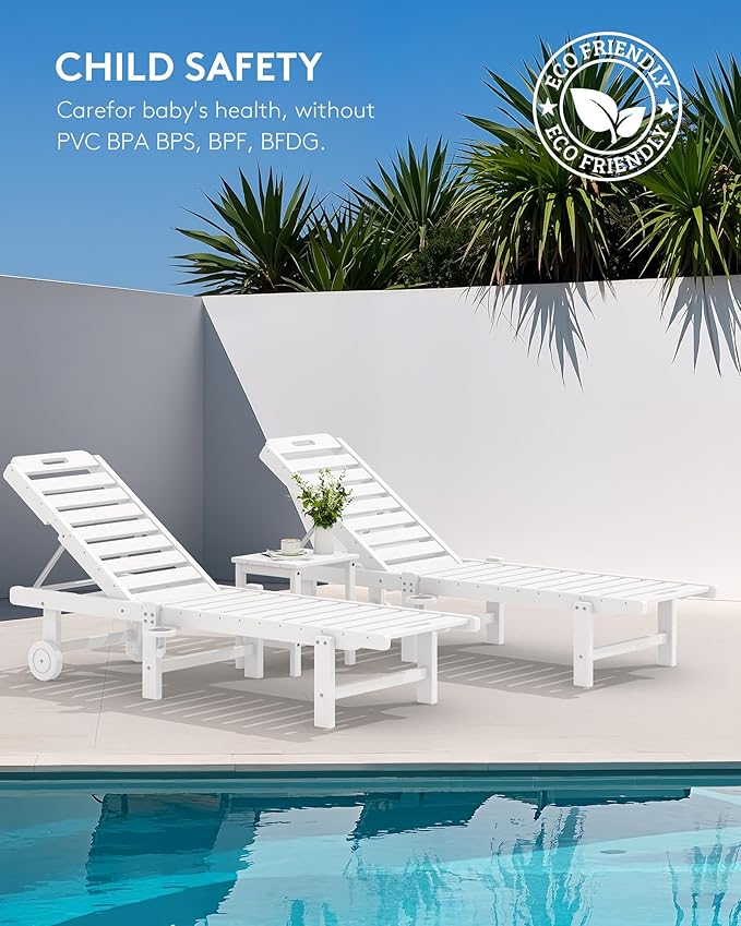 SERWALL Outdoor Chaise Lounge Set of 2, All-Weather HDPE Pool Lounge Chairs with 5-Position Adjustable Reclining Backrest, Rolling Wheels & Cup Holder for Poolside, White