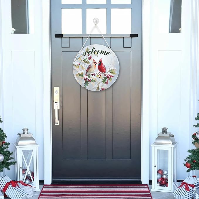 1 Pcs Winter Welcome Cardinal Bird Front Door Sign, Christmas Cardinal Bird Round Hanging Sign, Twig Berry Snow Outdoor Porch Home Wall Patio Garden Farmhouse Holiday Decor, 11 x 11 inches