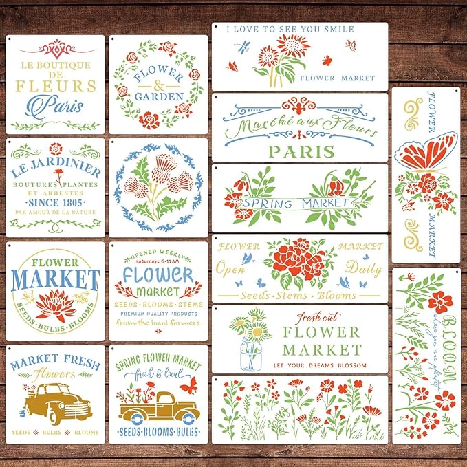 Flower Market Stencil, Large Spring Wildflower Stencils Farmhouse Stencils for Painting on Wood, Craft Template Wood Burning Stencil for Garden Canvas Sign Wall Home Decor(Flower)