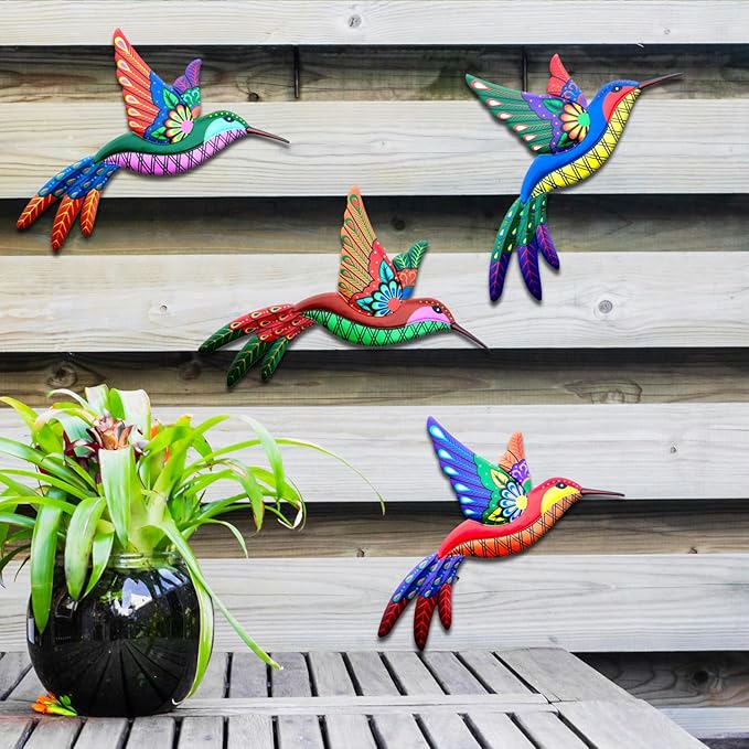 Outdoor Metal Wall Art - 3D Metal Hummingbird Wall Decor - Fence Decorations Outdoor - Decorations for Garden Fence Backyard Bedroom Patio Living Room,Gift for Family Friends(4 Pack)