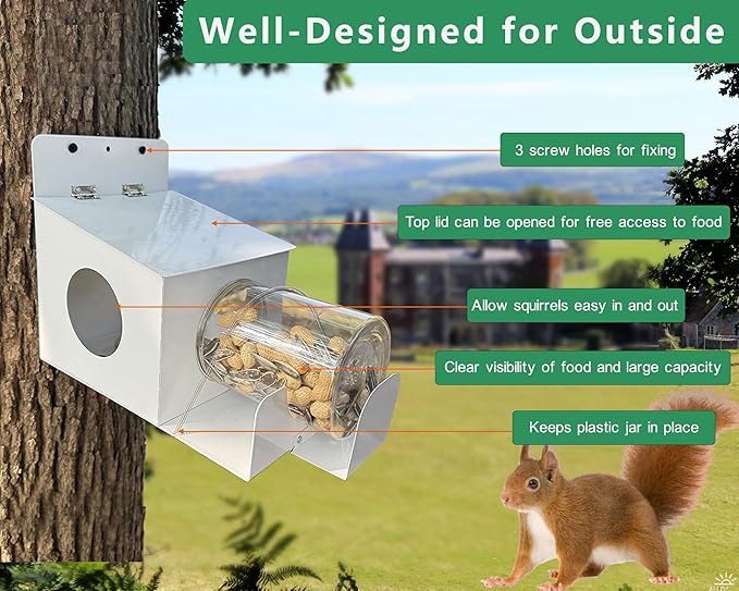 Squirrel Feeder,Metal Squirrel Feeders for Outside,Sturdy Squirrel House with Plastic Removable Nut Peanuts Storage Bottle,Weather-Proof Squirrel Feeders for Outdoors Easy to Fill and Clean