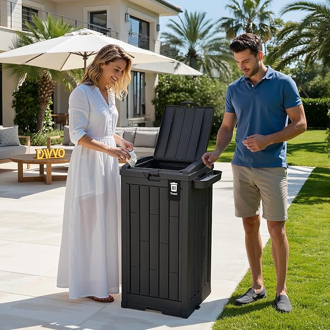 DWVO 38 Gallon Outdoor Trash Can, Set of 2 Resin Garbage Bins with Lids, Includes 2 Sorting Labels, Ash Holder, Stakes & Suction Cups, Hideaway Storage for Patio Backyard Garden, Black
