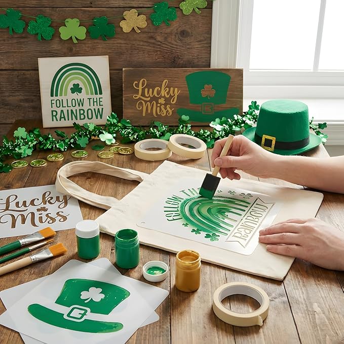 12PCS 6" St. Patricks Stencils for Painting, Plastic St Patricks Day Decoration Stencils for Crafts Reusable, Suitable for Painting on Face Fabric Wood Car & Gift Card