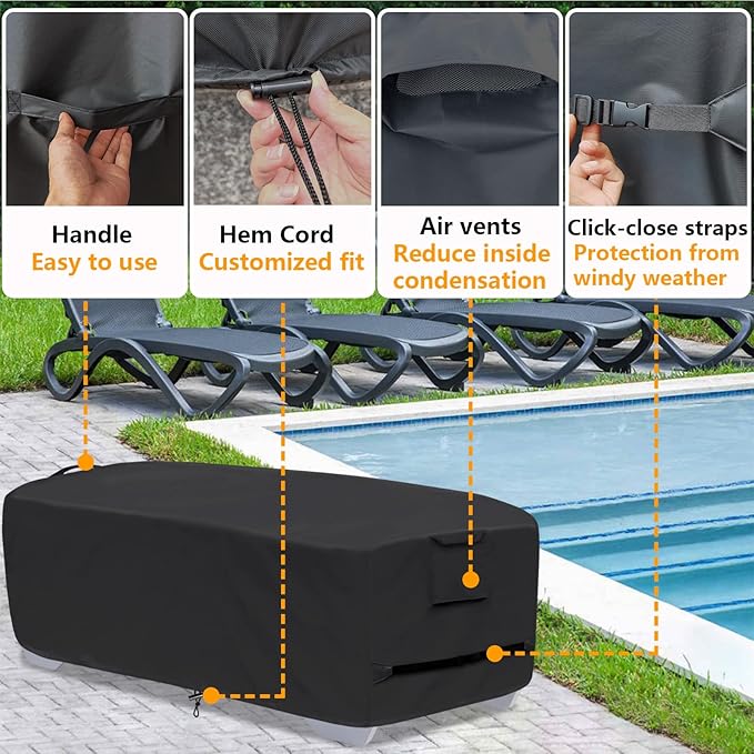 Outdoor Lounge Chair Covers for 4-6 Stackable Patio Chaise Lounge Chairs, Waterproof, Durable Polyester Fabric 80 x 32 x 40 Inch Pool lounge chair covers for Winter Storage (Black)