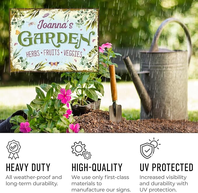 Custom Garden Sign, Present, Personalized Name for Vegetable Patch and Backyard Décor Sign, 10x14 Inches, Rust Free .040 Aluminum, Fade Resistant, Made in USA by Sigo Signs