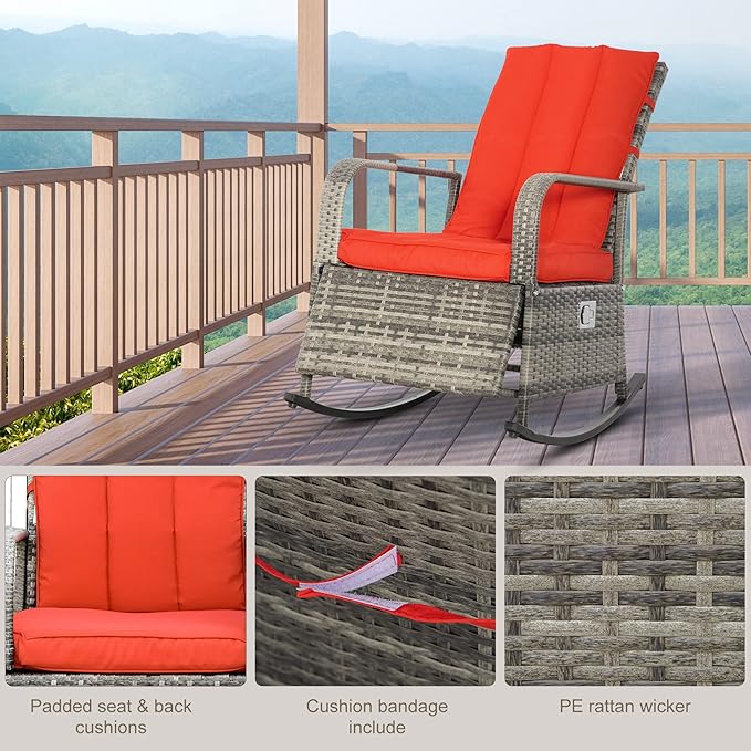 Outsunny Wicker Outdoor Rocking Chair, Patio Recliner with Adjustment Backrest, PE Rattan Lounge Chair with Adjustable Footrest and Cushions for Garden, Backyard, Porch, Red