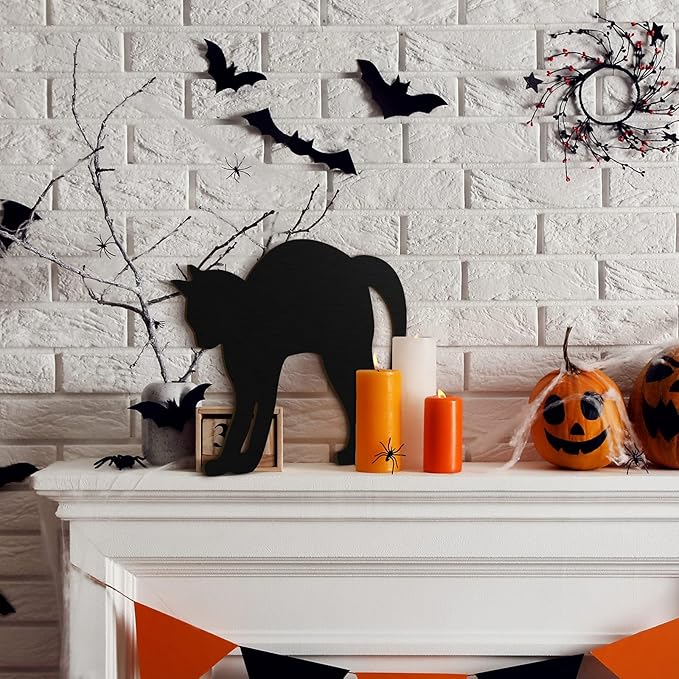 Jetec 3-Piece Black Wooden Cat Silhouette Hanging Signs for Halloween, Scary Family Home Party Door Decorations