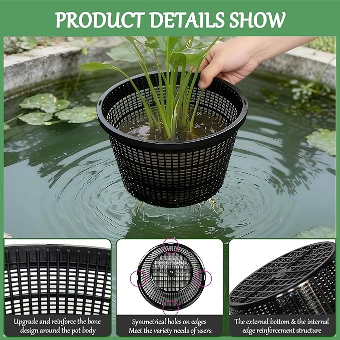 8.5-Inch Round Aquatic Plant Baskets - 6 Pack Durable Black Plastic Mesh Pond Containers for Live Aquarium Plants, Pond Planting & Hydroponic Pots