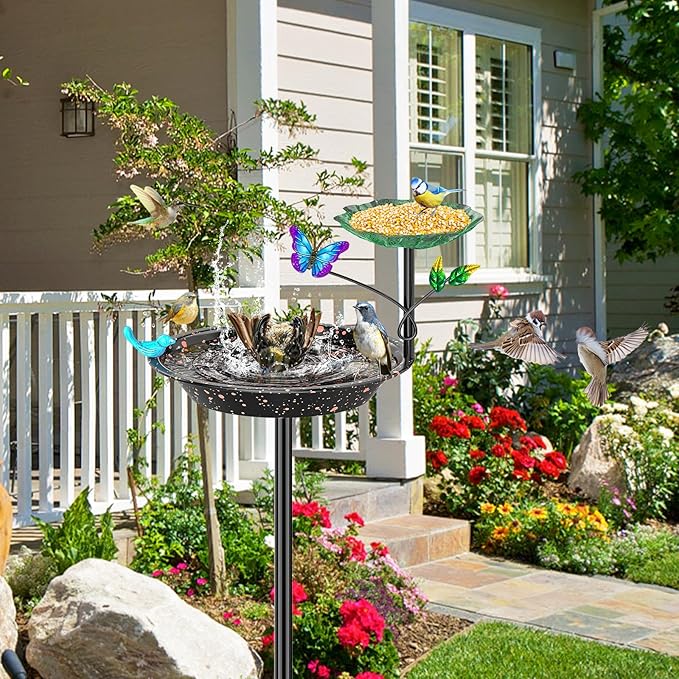 Metal Bird Bath for Outside Garden Birdbath Bowl, Freestanding Bird Feeders for Outdoors with 5 Prongs Base Stake, Standing Birdfeeders Birdbath Bowl for Yard Decor (2-in-1)