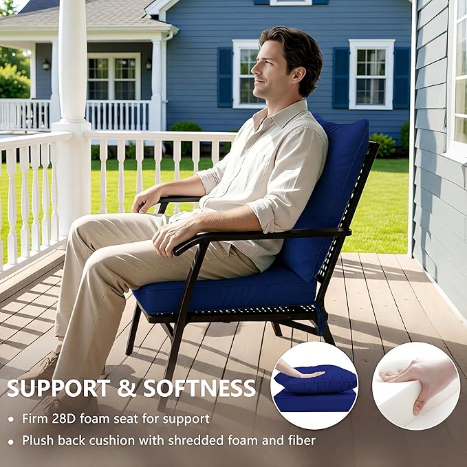 22x22 Inch Patio Chair Cushion with Removable Cover, Outdoor Furniture Cushion - Water-Repellent, Fade-Resistant, Non-Slip Bottom & Straps, Replacement for Lawn, Porch & Deck Chair - Navy