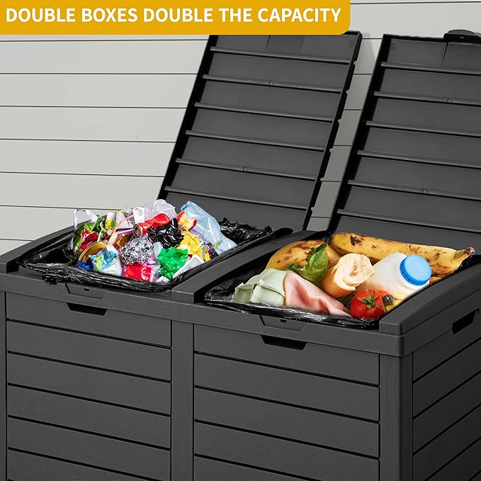 DWVO Outdoor Large Resin Trash Can, 76 Gallon Classified Hideaway Garbage Bins with Dual Lid and Drip Trays for Porch, Backyard, Deck, Patio, Poolside, Easy to Clean, 248 Quart, Black
