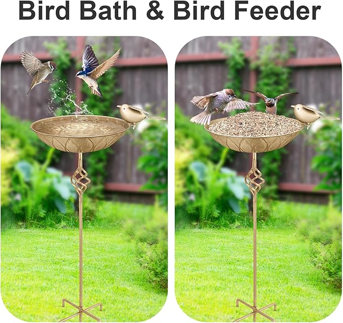 Bird Bath for Outside,Metal Birds Bath Bowl for Outdoors,27.6" H Bird Feeder & Water Feeders with 5 Prongs Base Stake,Vintage Free Standing Garden Patio Lawn Yard Decor
