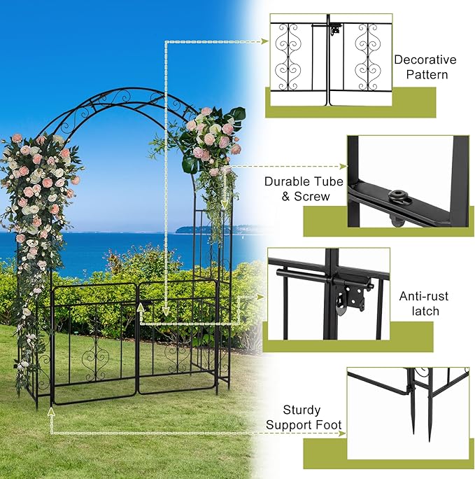VINGLI Garden Arbor Arch, Wedding Arch Archway for Ceremony Party, Durable Steel Trellis for Plant Climbing, Christmas Decorations Pergola for Backyard, Lawn, Patio, Yard (with Gate)