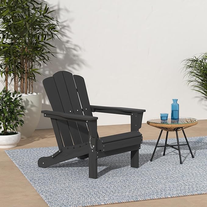 KINGYES Folding Adirondack Chair, HDPE All-Weather Patio Chairs, Wooden Textured Lawn Chair for Poolside, Backyard, Deck, Fire Pit, Black