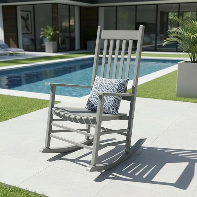 Shine Company Vermont Porch Rocker, High Back Wood Rocking Chair, Storm Gray