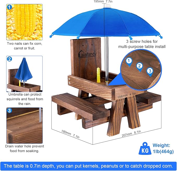 Squirrel Feeder Picnic Table with Umbrella, Lalafancy Carbonized Wood Squirrel Feeder for Outside Funny Chipmunk Feeder with Corn Cob Holder Structure Solid for Squirrel Gift