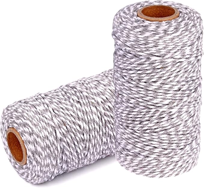 Cotton Twine String Bakers Rope: 2 Roll Twines for Crafts Gift Wrapping - 656 Feet Gray White Twine for Kitchen Cooking