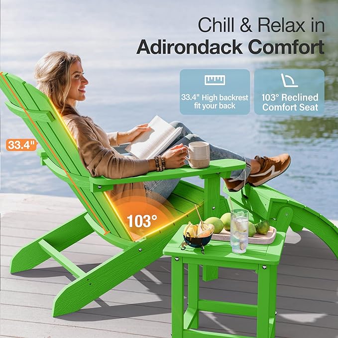 YEFU Adirondack Chairs Set of 4: Outdoor Chair HIPS Plastic Adirondack Chairs - Patio Chairs with Wood Texture - Lawn Fire Pit Deck Porch Garden Chairs for Adults (Lime)