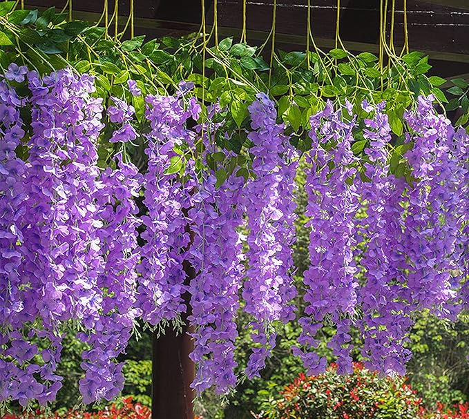 Artificial Wisteria Hanging Flowers Fake Wisteria Flower Garland Silk Vines Rattan Decor for Home Wedding Arch Wall Garden Greenery Bedroom Outdoor Office Party Decoration (24, Light Purple)