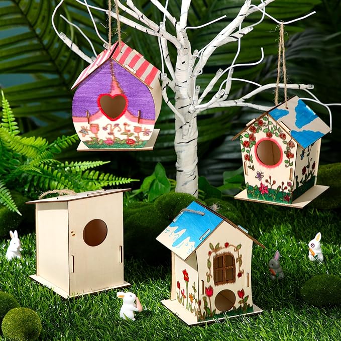 DoubleFill 100 Pcs Bulk Wooden Bird Houses Kits for Kids DIY Crafts and Arts Unfinished Wood Birdhouse to Paint Birthday Gifts for Valentines Crafts Class Parties, 4 Styles