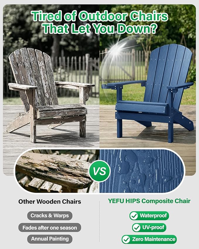 YEFU Adirondack Chairs Set of 4: Outdoor Chair HIPS Plastic Adirondack Chairs - Patio Chairs with Cup Holder & Wood Texture - Lawn Fire Pit Deck Porch Garden Chairs for Adults (Navy Blue)