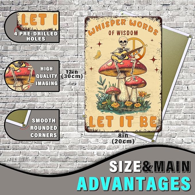 PEACHGARDEN Funny Skull Decor Mushroom Metal Sign Hippie Poster Whisper Words of Wisdom Let It Be Wall Decor for Home Patio Porch Garden Bedroom Man Cave 8x12inch