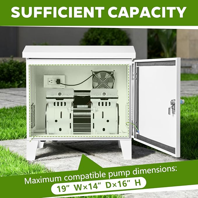 Pond/Water Garden Weatherproof Outdoor Cabinet, 20.8”W×17”D×22.5”H, With Plug Socket and 110V Cooling Fan, Housing for Pond Aerator Air Pump